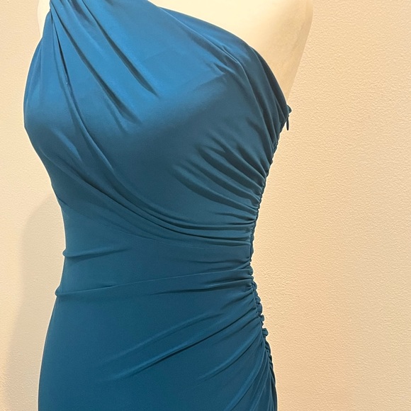 Deep Teal Blue One-shoulder Cocktail Dress w/ Jewel Accent, Side Ruched Size 4 - Picture 8 of 8